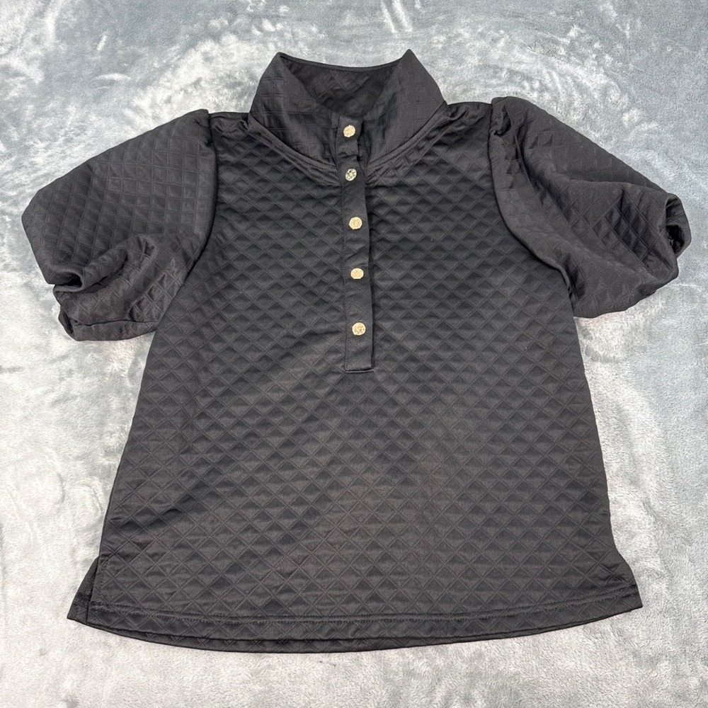 Mary Square Womens Black Quilted Short Puff Sleeve Snap Neck Pullover Top Small
